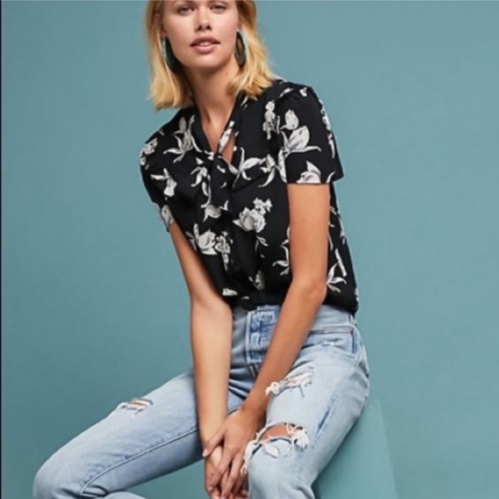 Anthro Maeve | Adagio Floral Tie Neck Blouse Sz M
